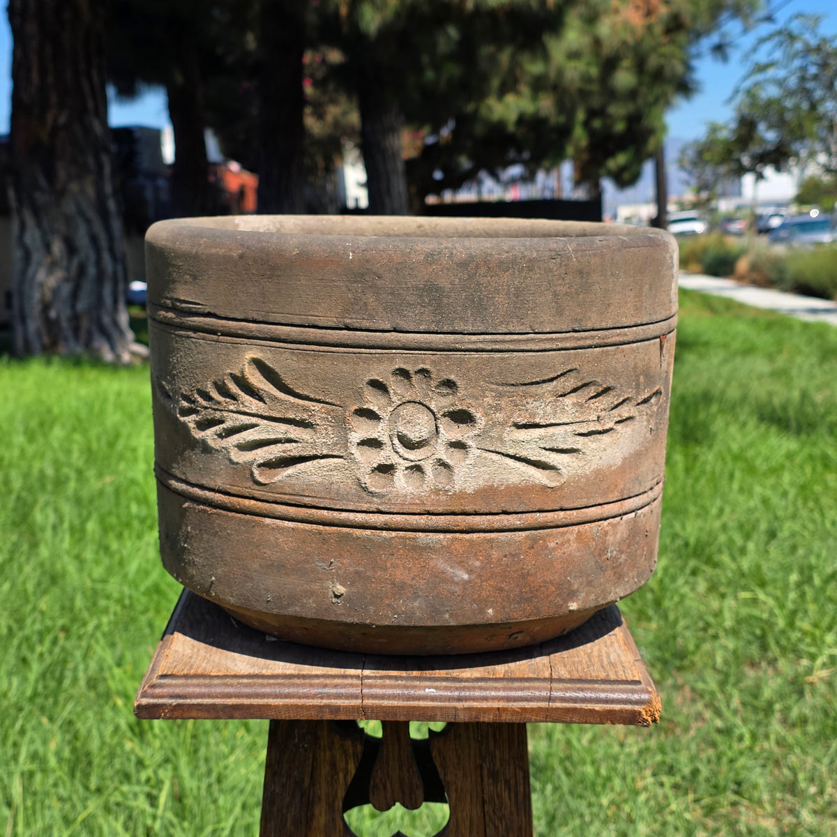 Vtg Terracotta Cylinder Planter Floral Garland Swag Rustic Clay Garden Pot 12"