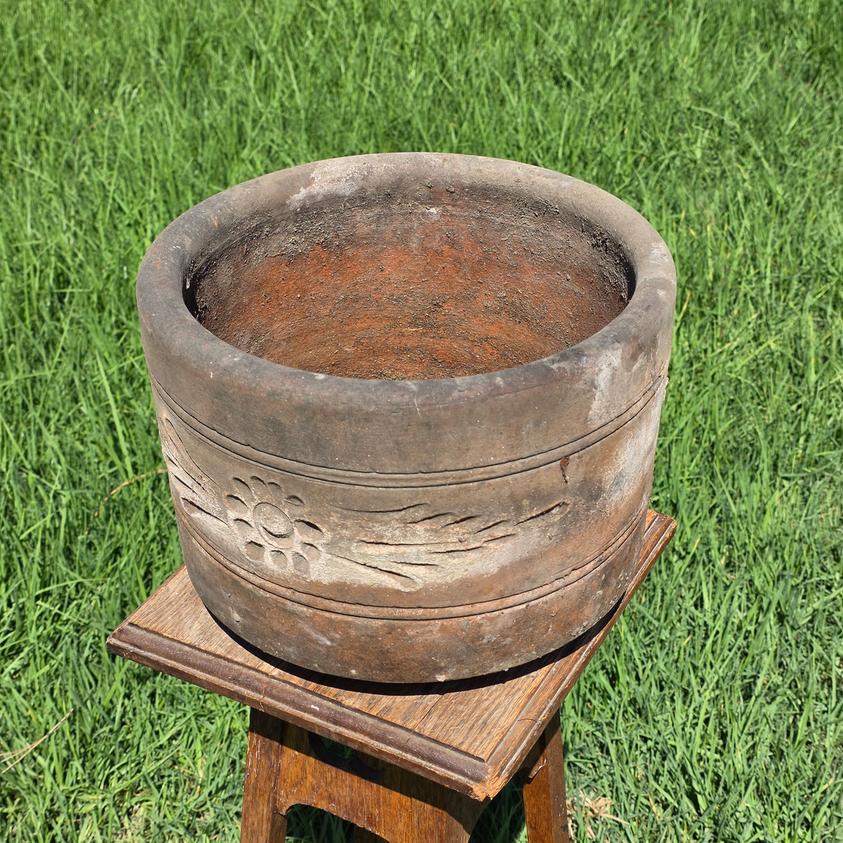 Vtg Terracotta Cylinder Planter Floral Garland Swag Rustic Clay Garden Pot 12"