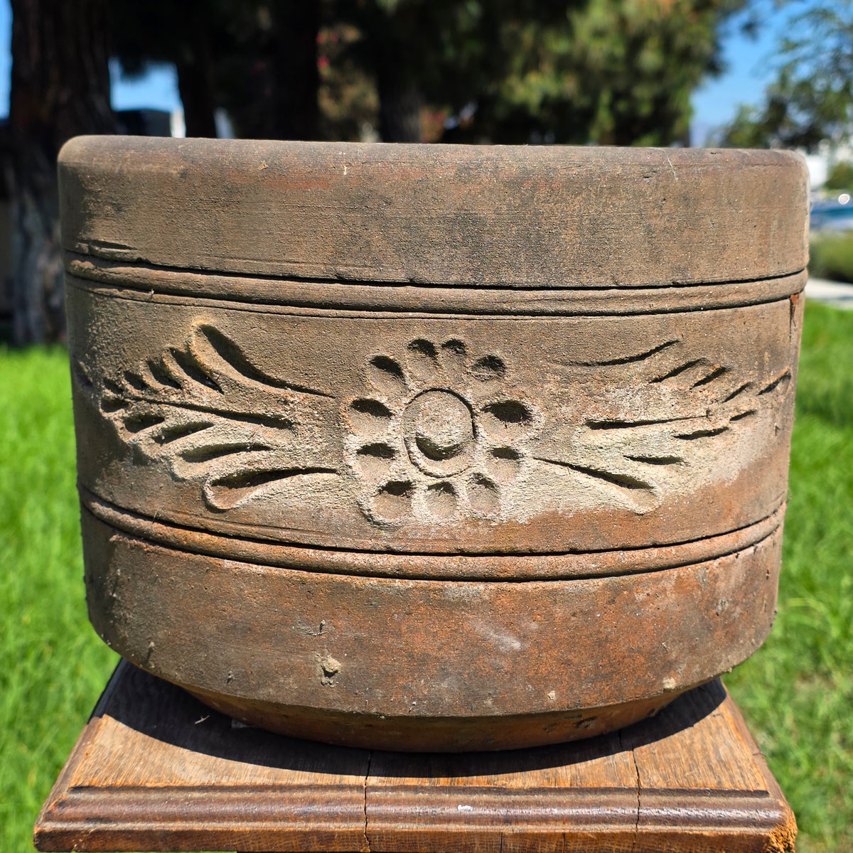 Vtg Terracotta Cylinder Planter Floral Garland Swag Rustic Clay Garden Pot 12"