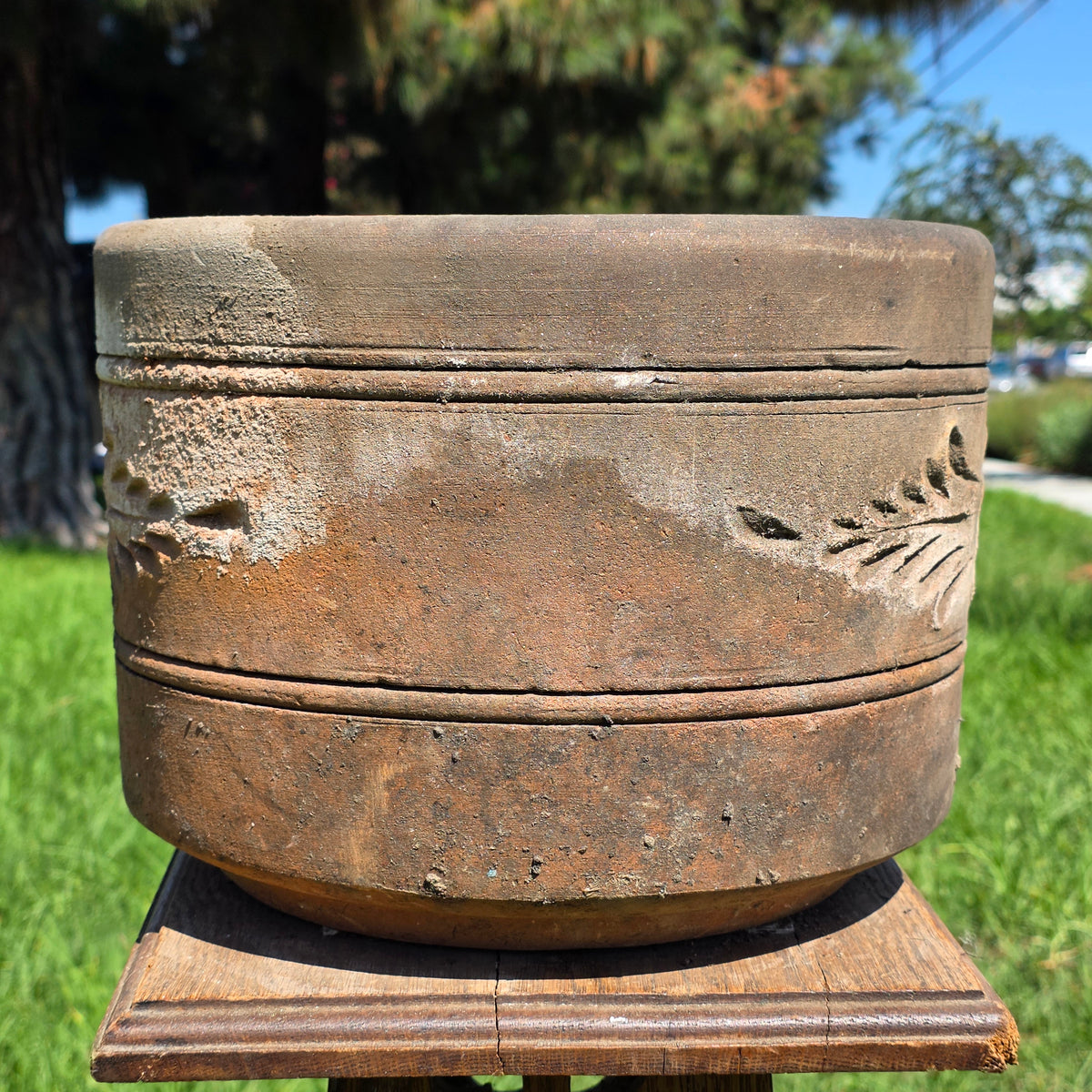 Vtg Terracotta Cylinder Planter Floral Garland Swag Rustic Clay Garden Pot 12"