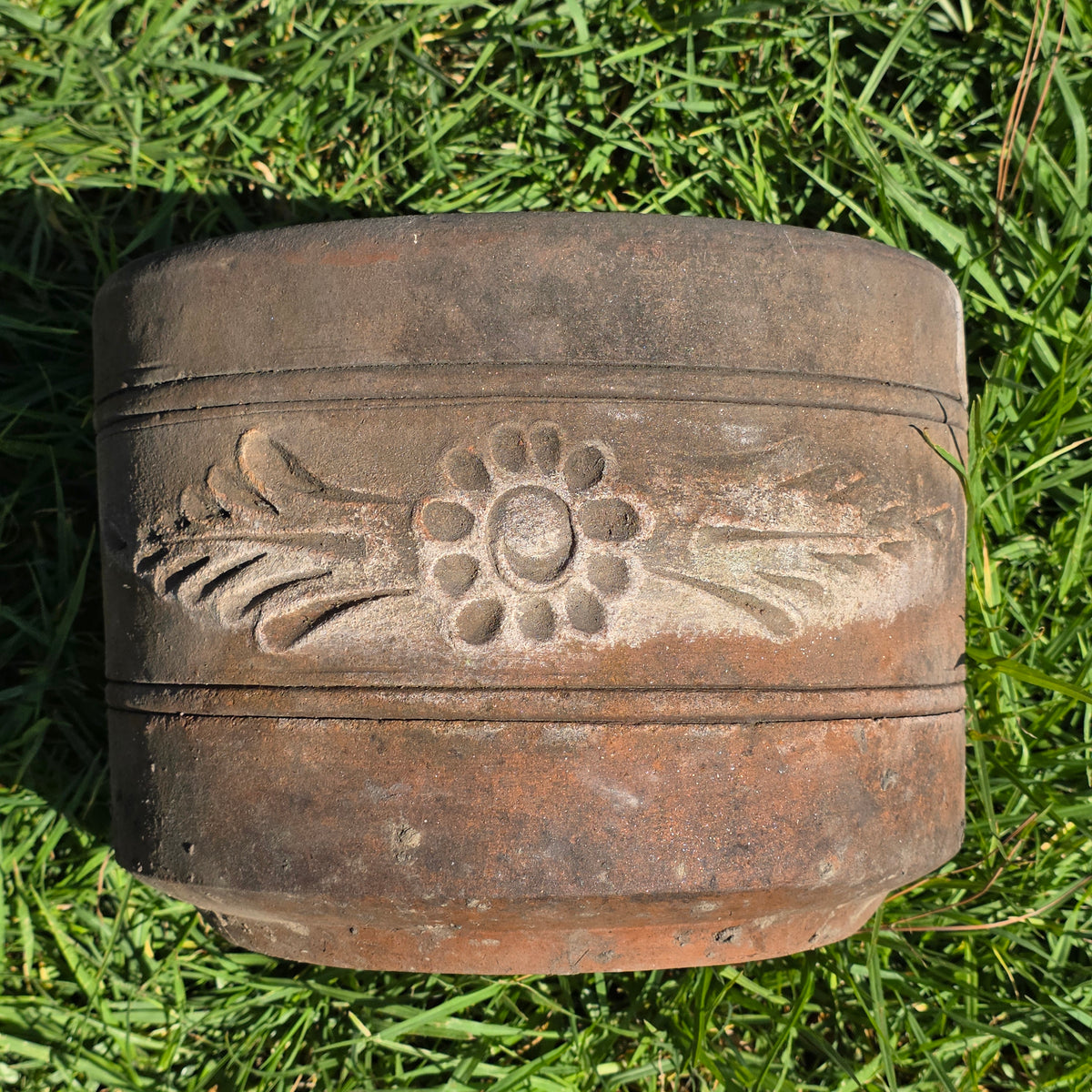 Vtg Terracotta Cylinder Planter Floral Garland Swag Rustic Clay Garden Pot 12"
