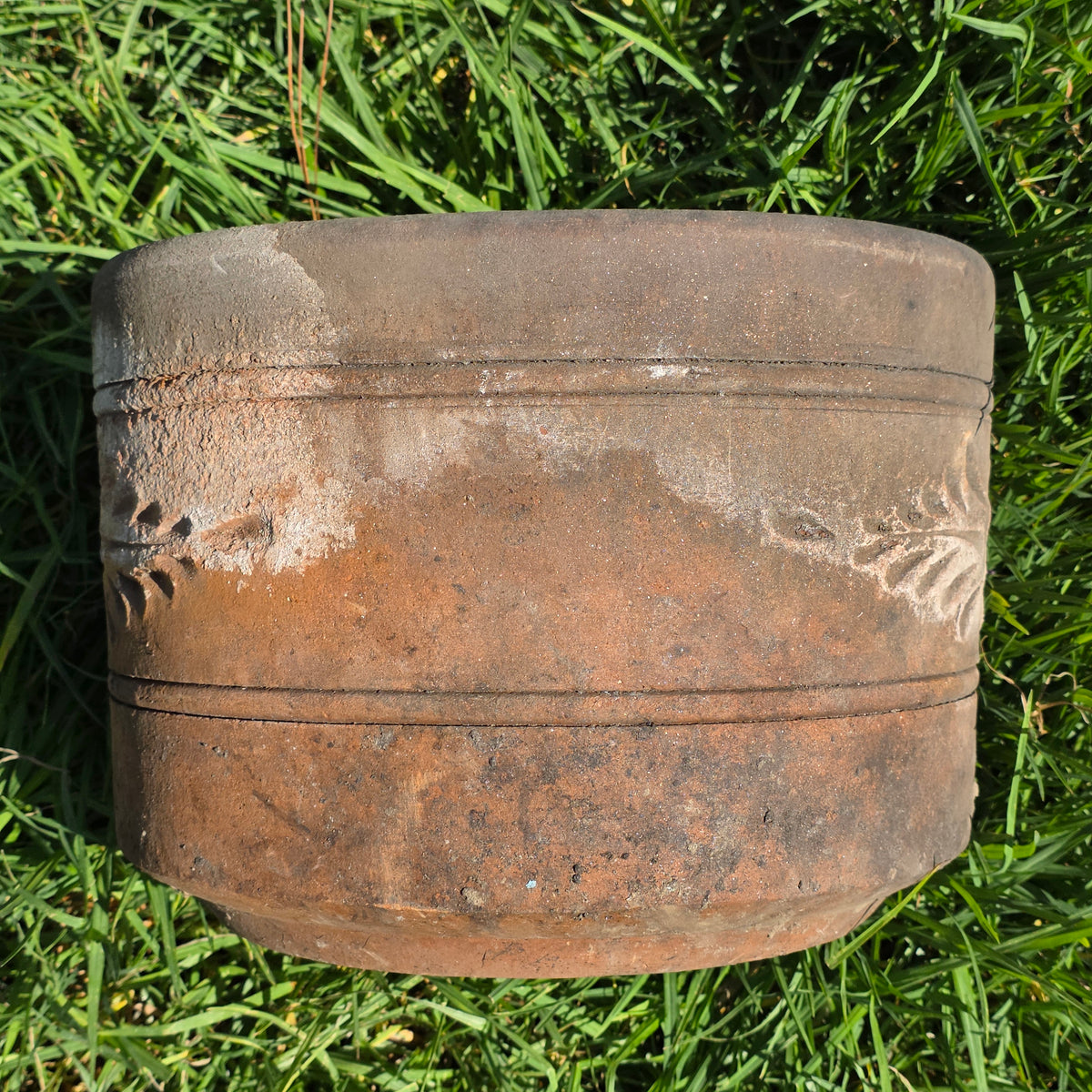 Vtg Terracotta Cylinder Planter Floral Garland Swag Rustic Clay Garden Pot 12"