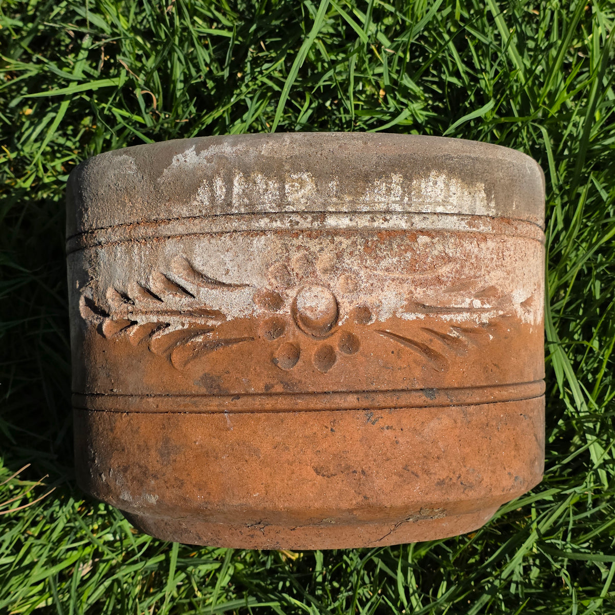 Vtg Terracotta Cylinder Planter Floral Garland Swag Rustic Clay Garden Pot 12"