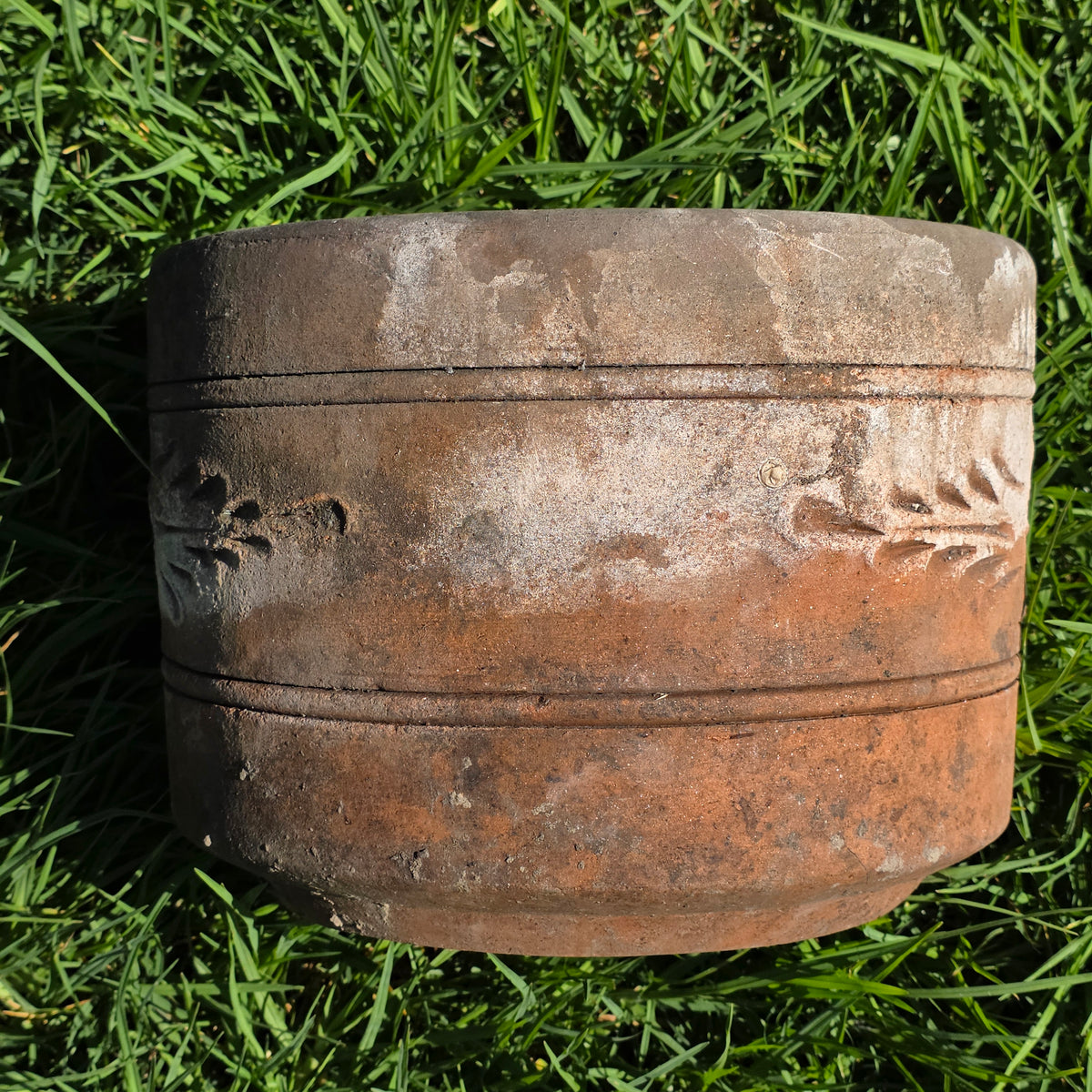 Vtg Terracotta Cylinder Planter Floral Garland Swag Rustic Clay Garden Pot 12"