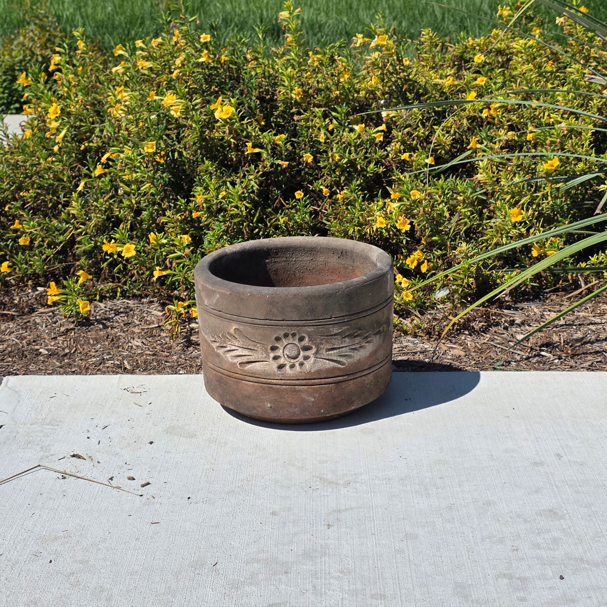Vtg Terracotta Cylinder Planter Floral Garland Swag Rustic Clay Garden Pot 12"