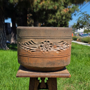 Vtg Terracotta Cylinder Planter Floral Garland Swag Rustic Clay Garden Pot 12"