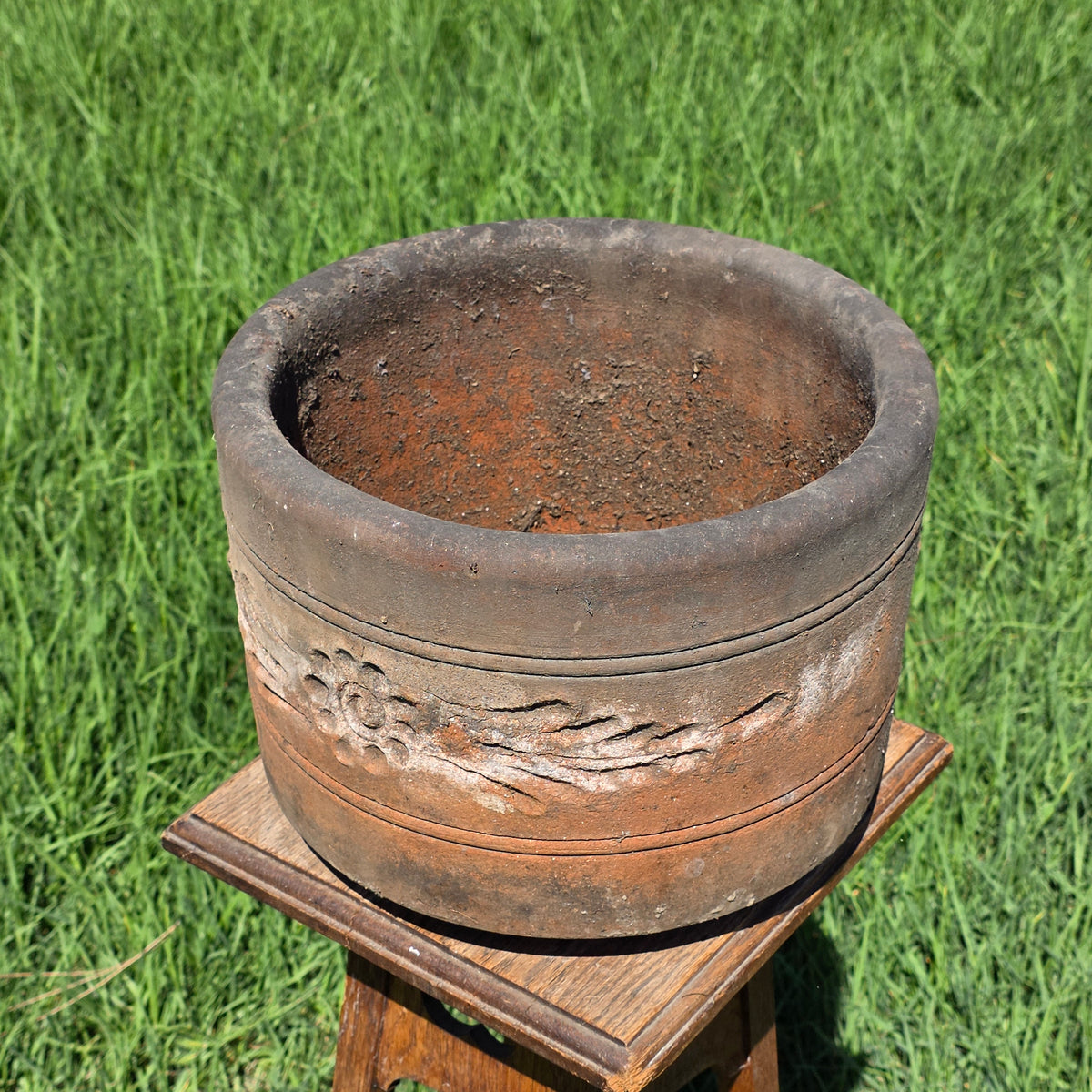 Vtg Terracotta Cylinder Planter Floral Garland Swag Rustic Clay Garden Pot 12"