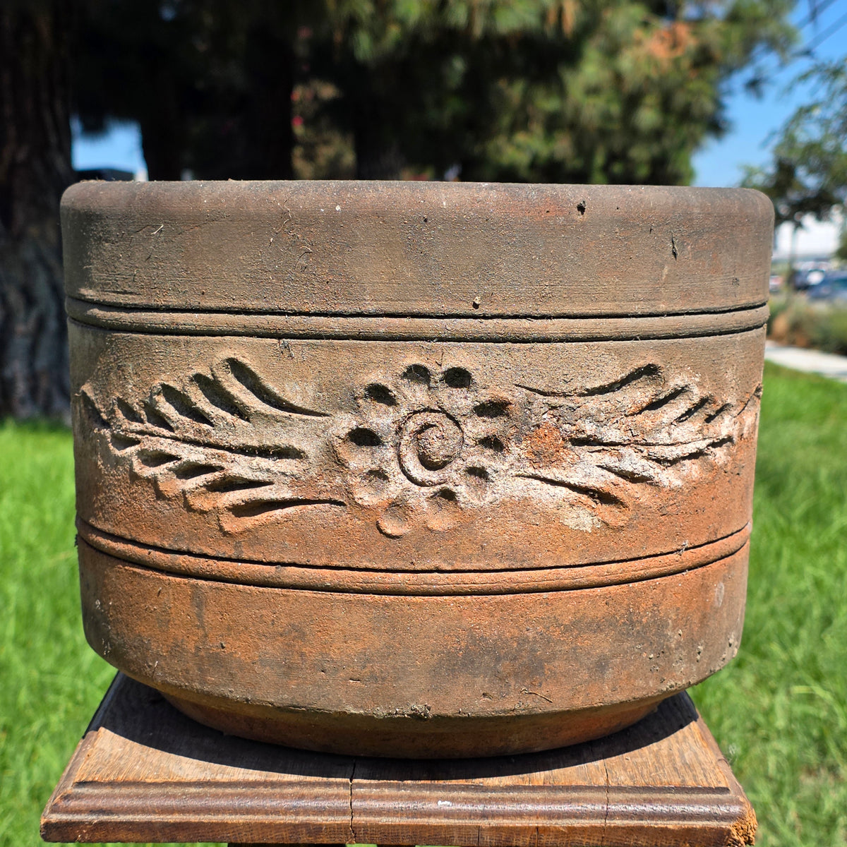 Vtg Terracotta Cylinder Planter Floral Garland Swag Rustic Clay Garden Pot 12"