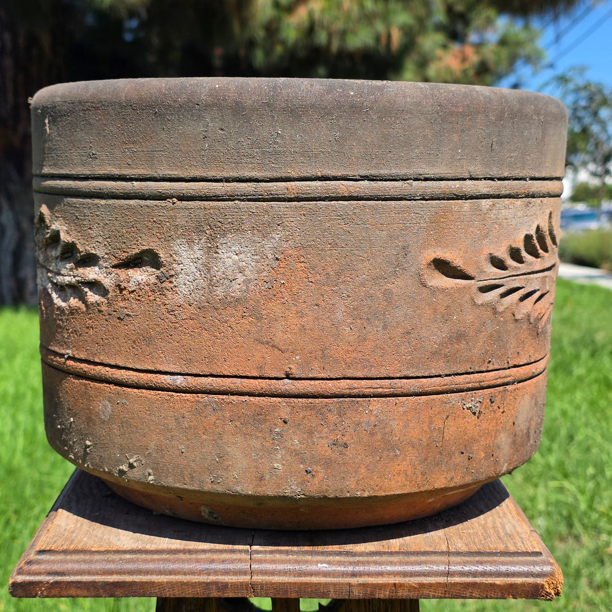 Vtg Terracotta Cylinder Planter Floral Garland Swag Rustic Clay Garden Pot 12"