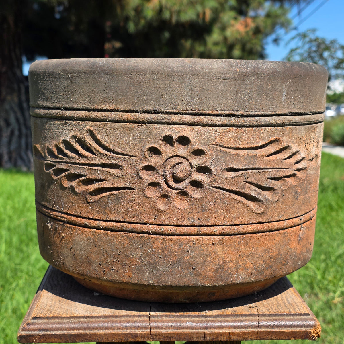 Vtg Terracotta Cylinder Planter Floral Garland Swag Rustic Clay Garden Pot 12"