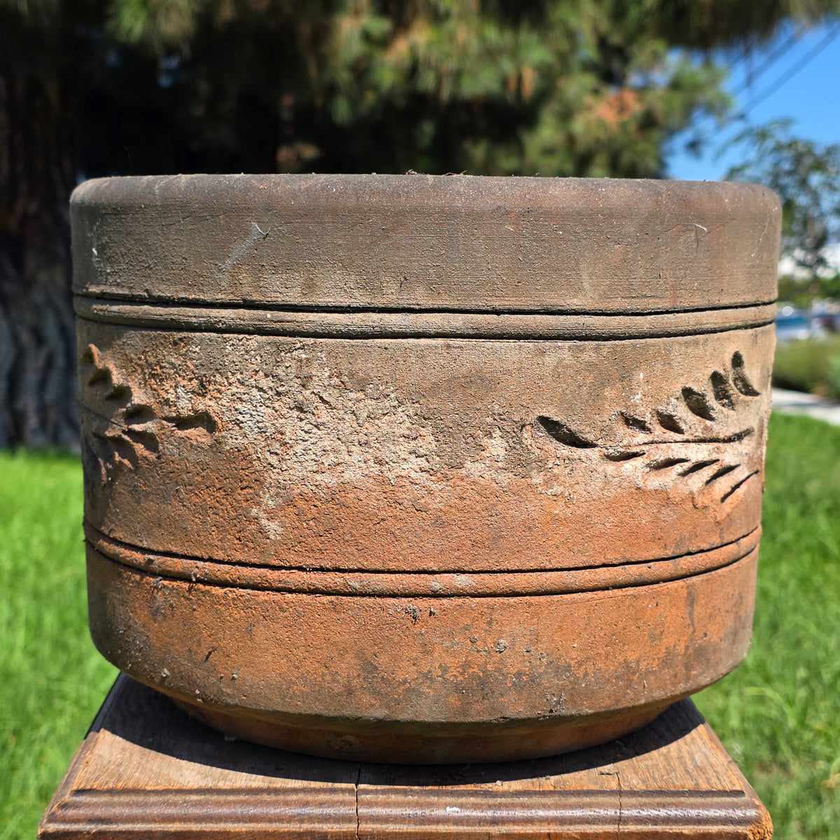 Vtg Terracotta Cylinder Planter Floral Garland Swag Rustic Clay Garden Pot 12"