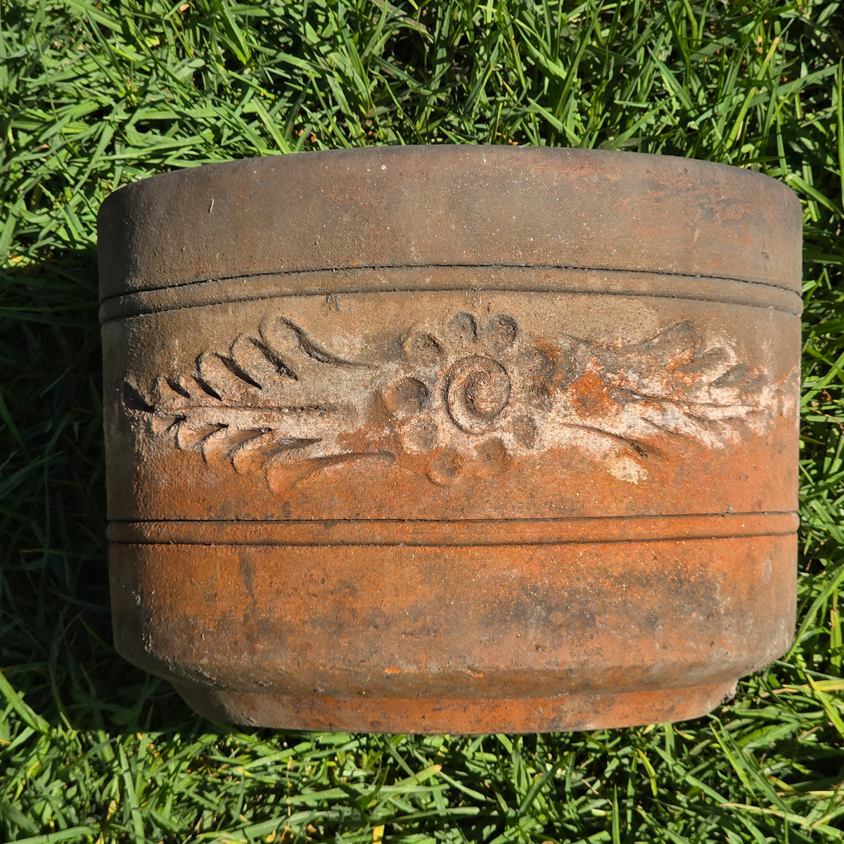Vtg Terracotta Cylinder Planter Floral Garland Swag Rustic Clay Garden Pot 12"
