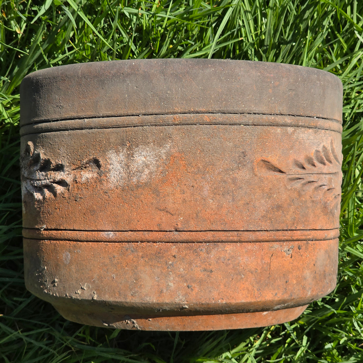 Vtg Terracotta Cylinder Planter Floral Garland Swag Rustic Clay Garden Pot 12"