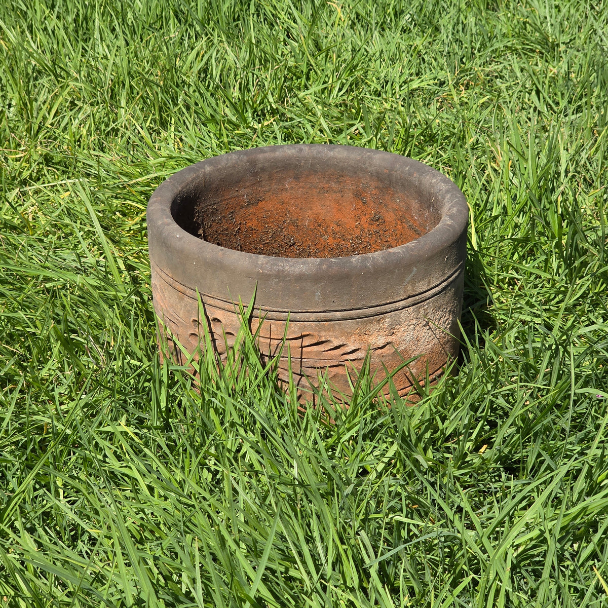 Vtg Terracotta Cylinder Planter Floral Garland Swag Rustic Clay Garden Pot 12"