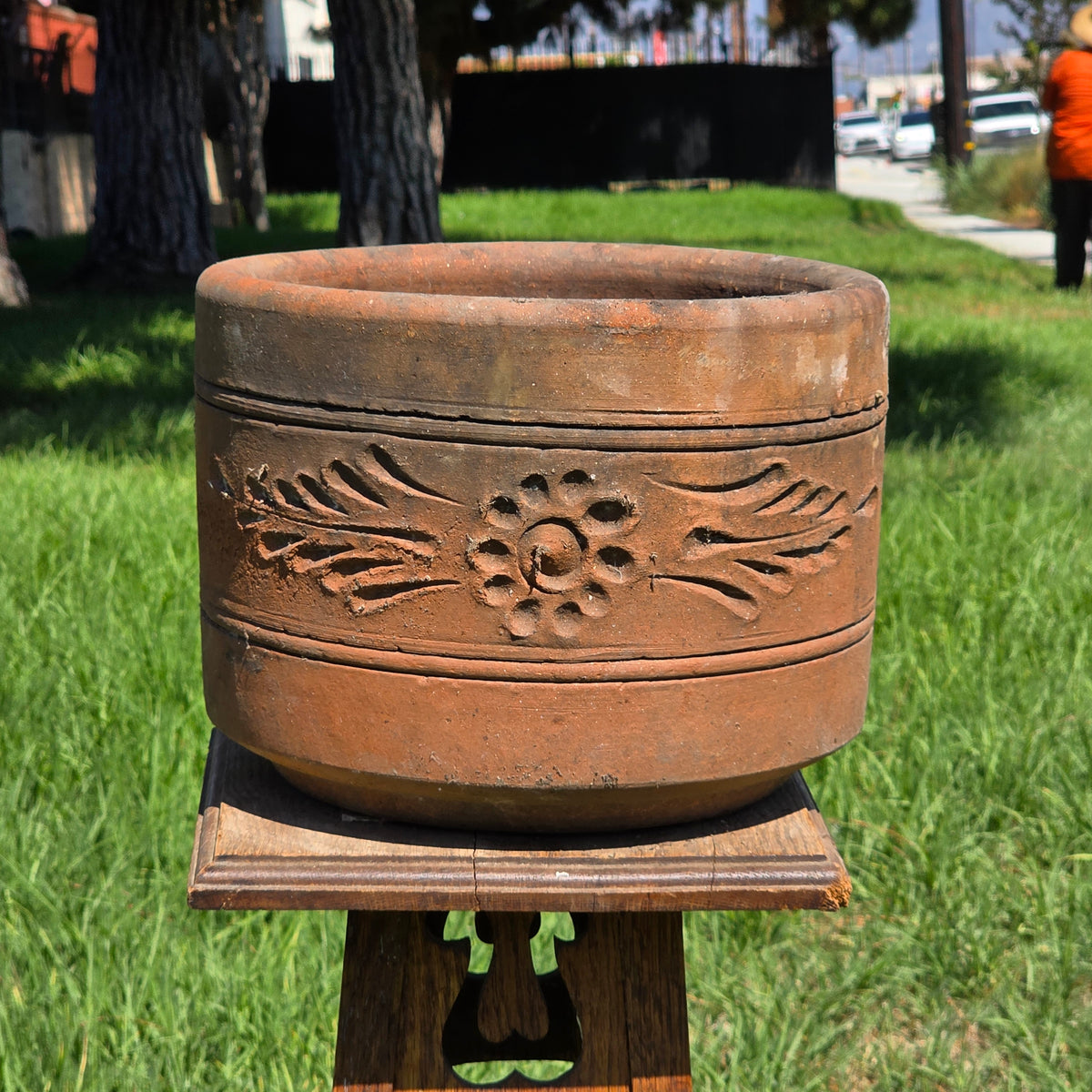 Vtg Terracotta Cylinder Planter Floral Garland Swag Rustic Clay Garden Pot 12"