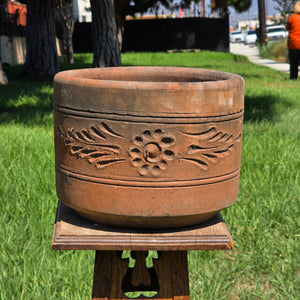 Vtg Terracotta Cylinder Planter Floral Garland Swag Rustic Clay Garden Pot 12"