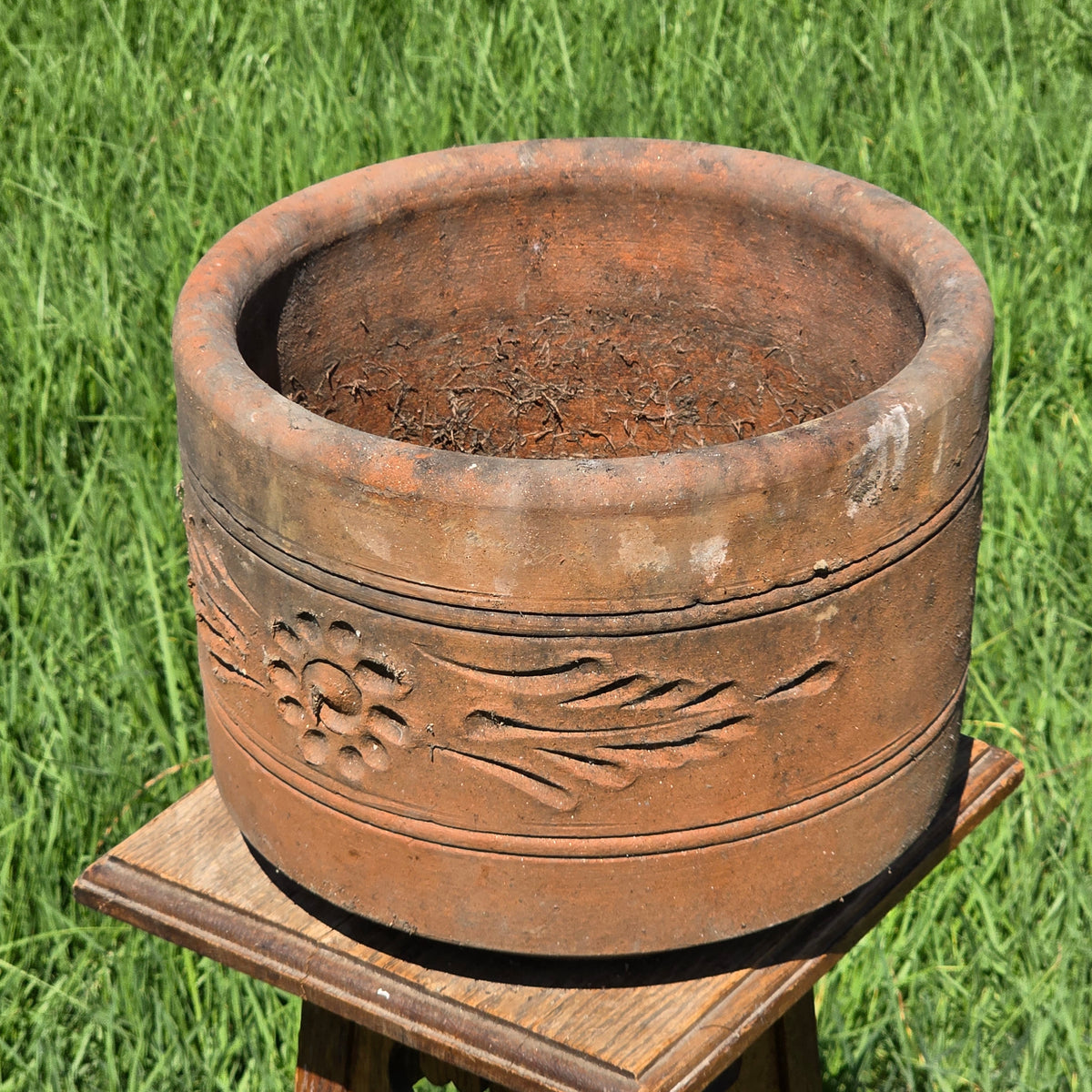 Vtg Terracotta Cylinder Planter Floral Garland Swag Rustic Clay Garden Pot 12"
