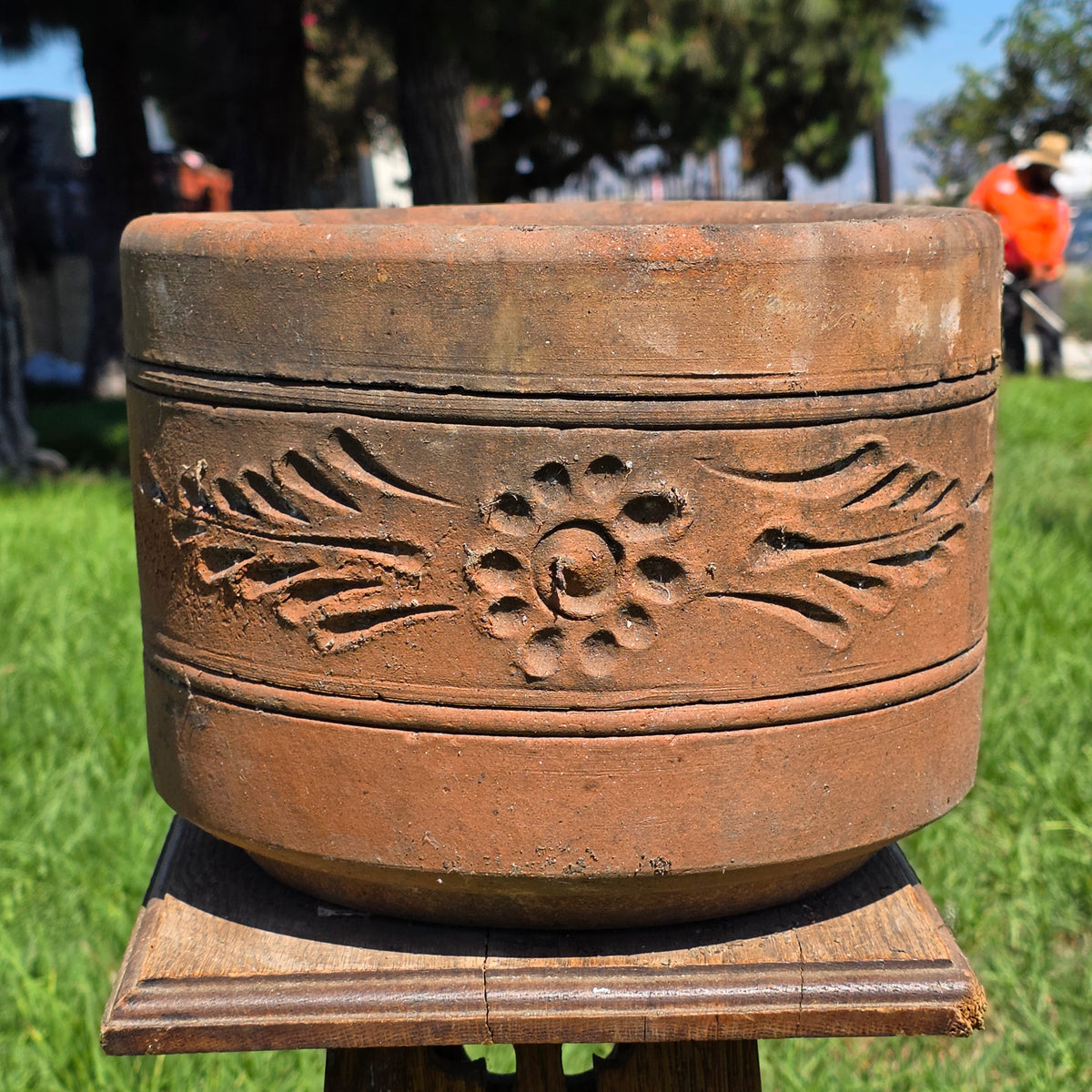 Vtg Terracotta Cylinder Planter Floral Garland Swag Rustic Clay Garden Pot 12"