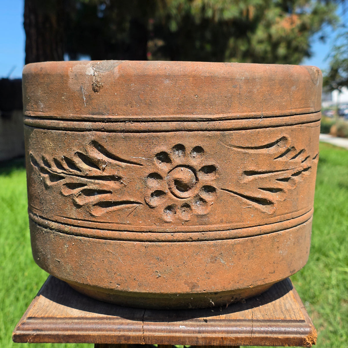 Vtg Terracotta Cylinder Planter Floral Garland Swag Rustic Clay Garden Pot 12"