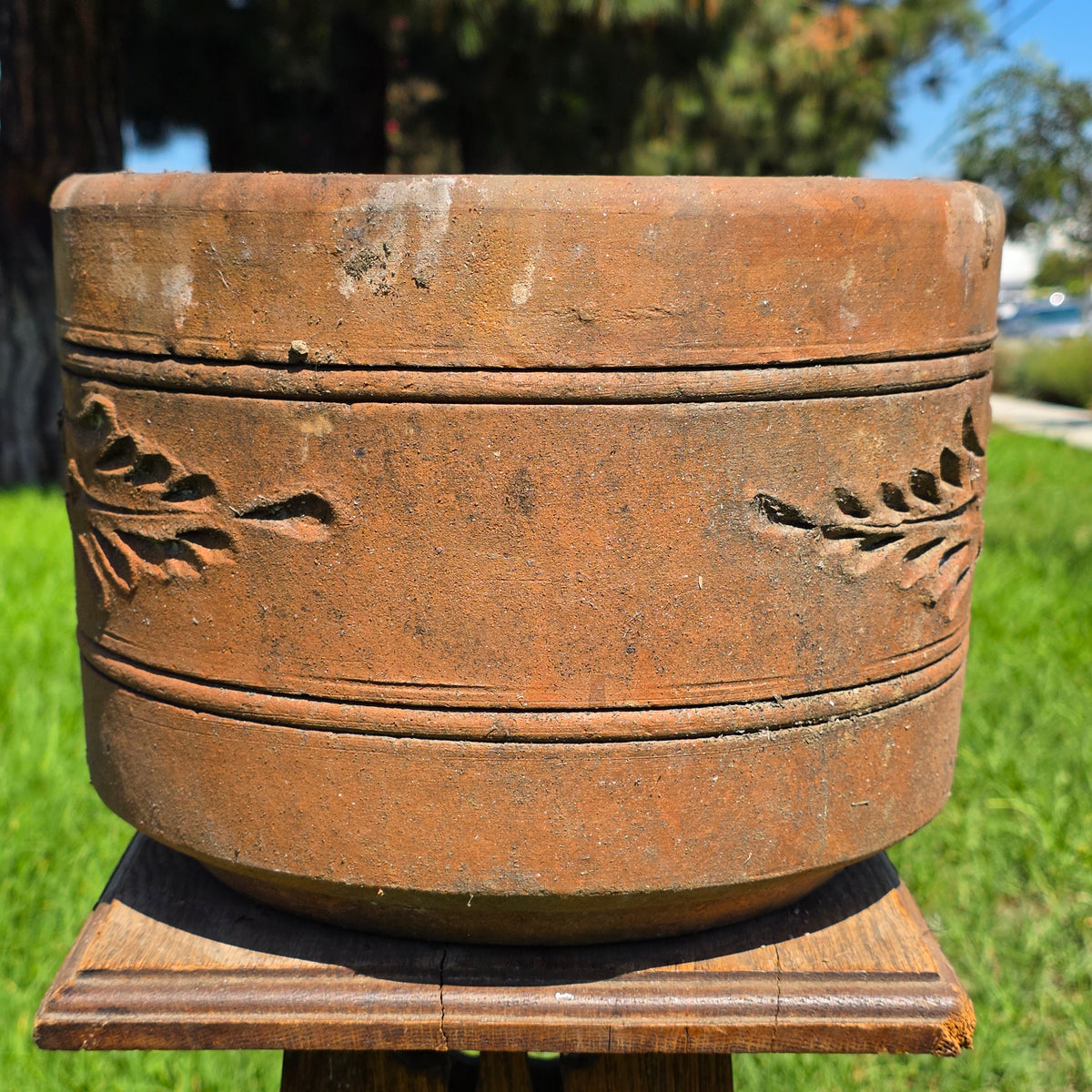 Vtg Terracotta Cylinder Planter Floral Garland Swag Rustic Clay Garden Pot 12"