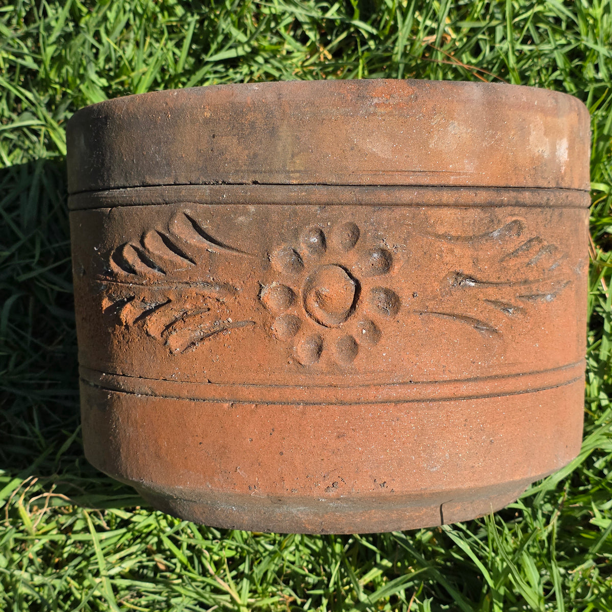 Vtg Terracotta Cylinder Planter Floral Garland Swag Rustic Clay Garden Pot 12"