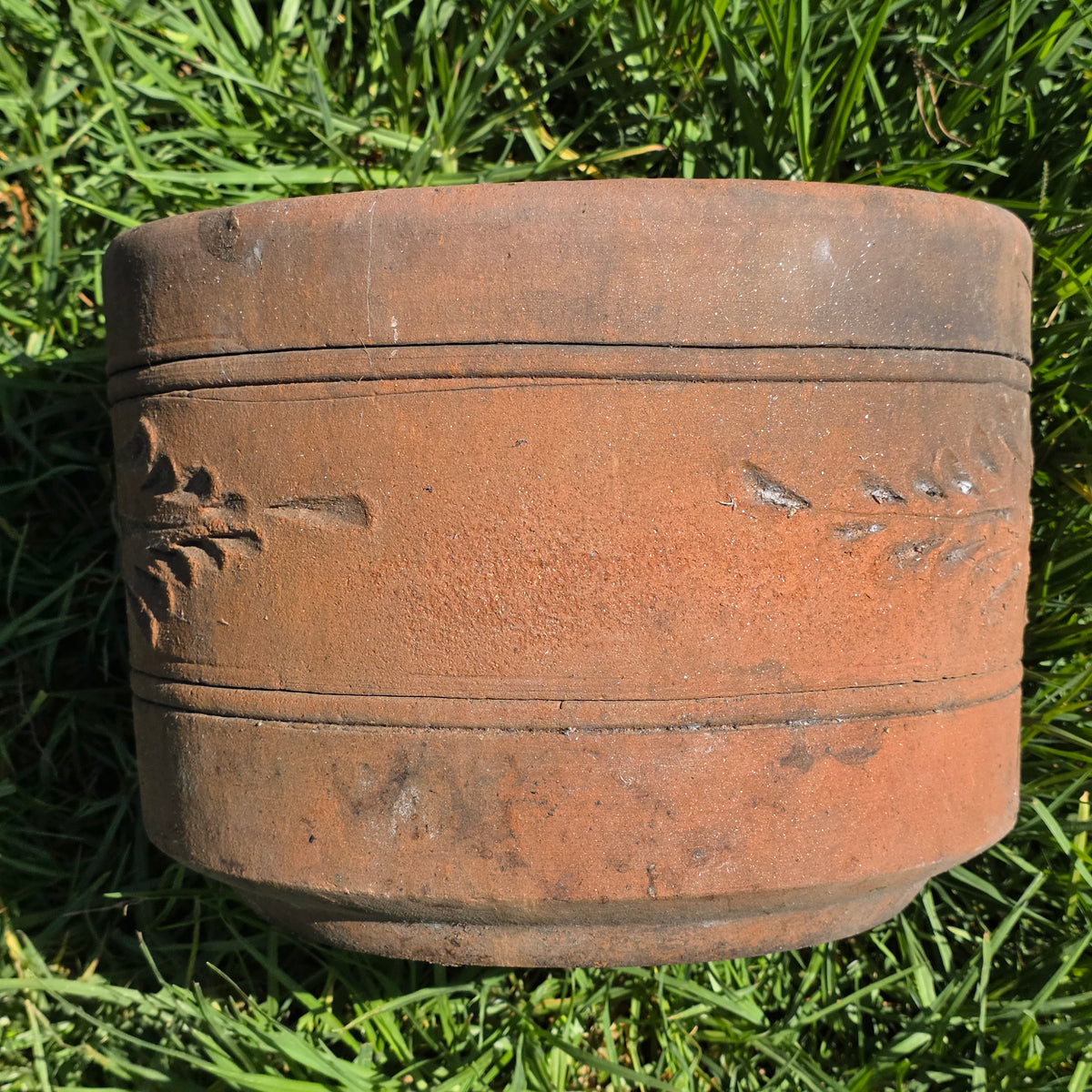 Vtg Terracotta Cylinder Planter Floral Garland Swag Rustic Clay Garden Pot 12"
