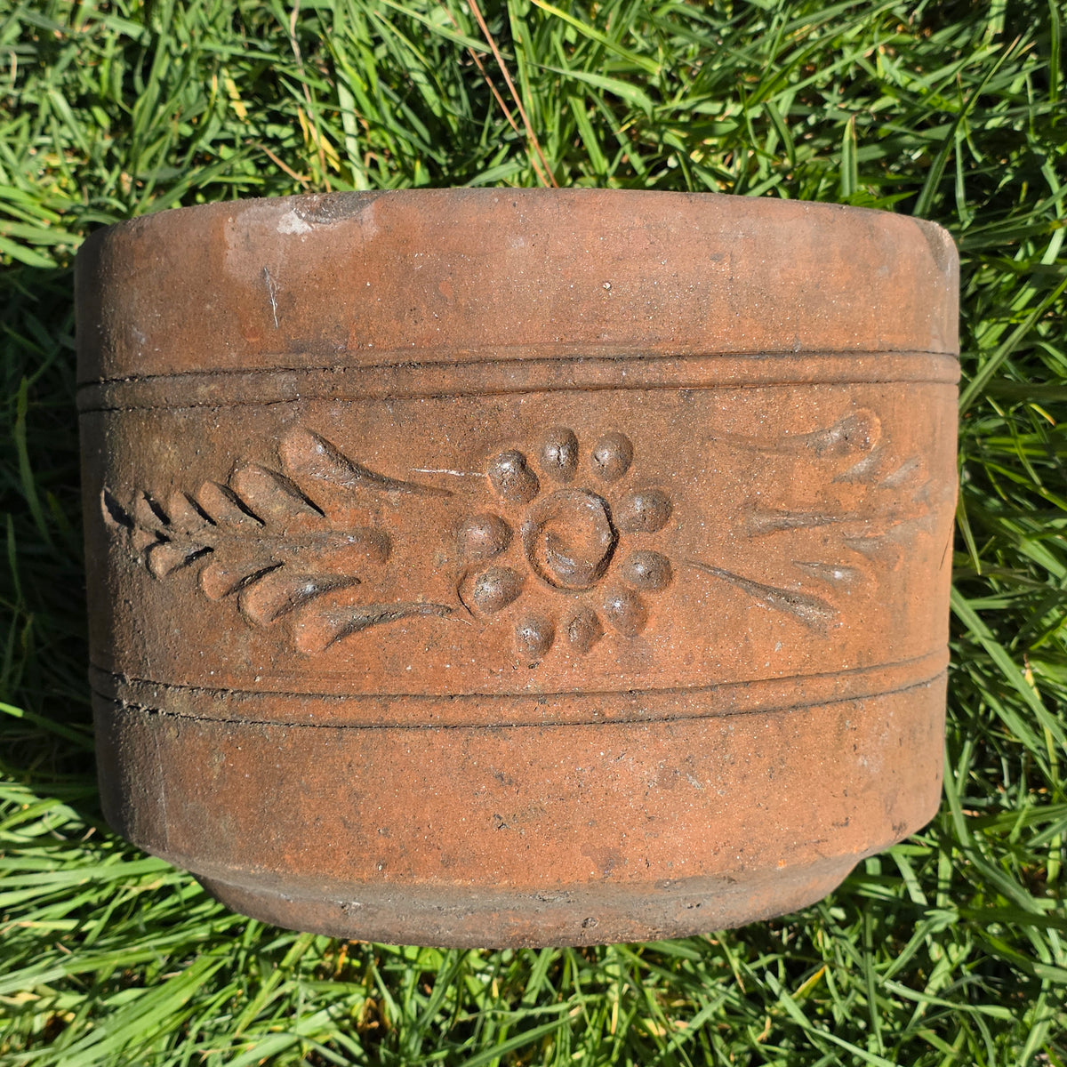 Vtg Terracotta Cylinder Planter Floral Garland Swag Rustic Clay Garden Pot 12"