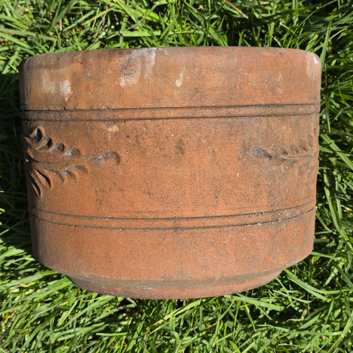 Vtg Terracotta Cylinder Planter Floral Garland Swag Rustic Clay Garden Pot 12"