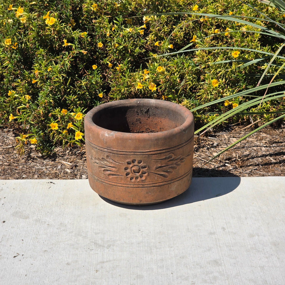 Vtg Terracotta Cylinder Planter Floral Garland Swag Rustic Clay Garden Pot 12"