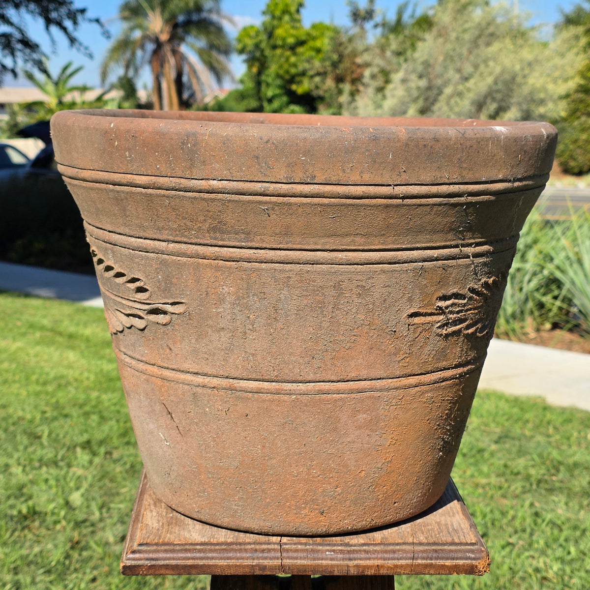 Vintage Mexican Terracotta Planter Large 15" Clay Flower Pot Traditional Relief