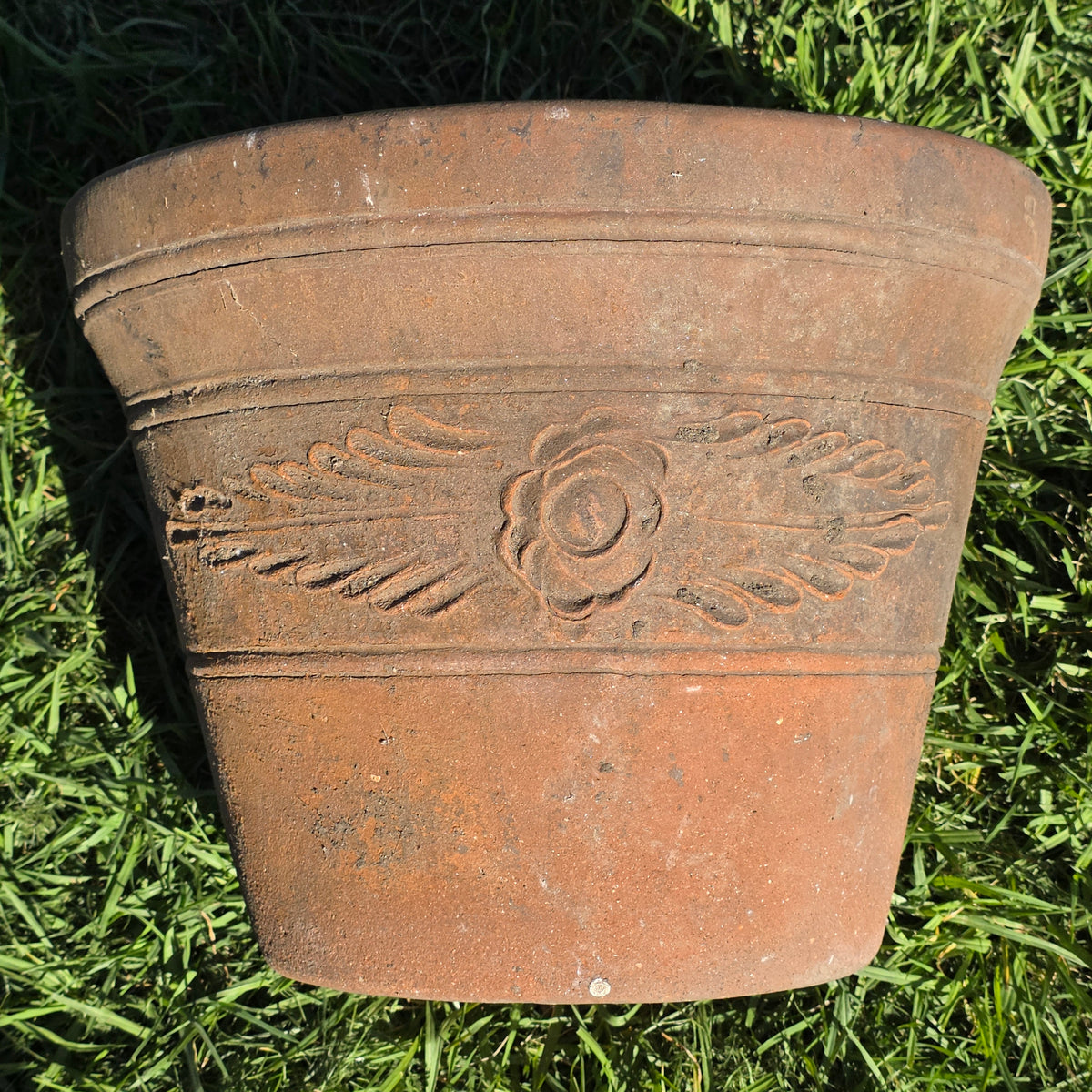 Vintage Mexican Terracotta Planter Large 15" Clay Flower Pot Traditional Relief