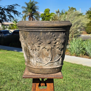 Vtg Mexican Terracotta Planter Large 15" Clay Flower Pot Sunflower Relief Heavy