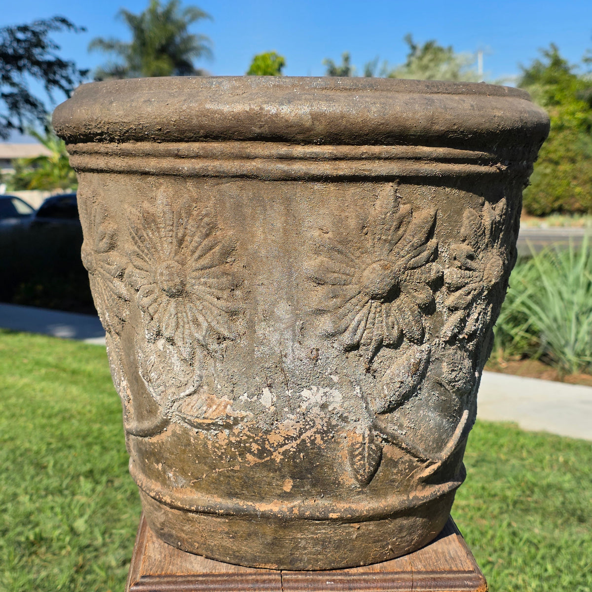 Vtg Mexican Terracotta Planter Large 15" Clay Flower Pot Sunflower Relief Heavy