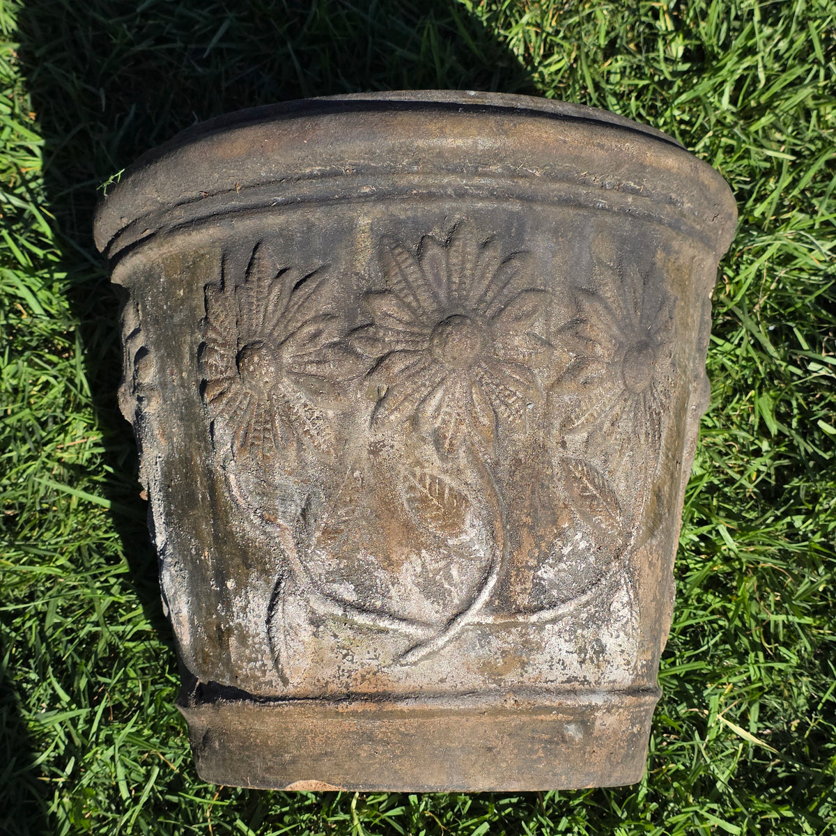 Vtg Mexican Terracotta Planter Large 15" Clay Flower Pot Sunflower Relief Heavy