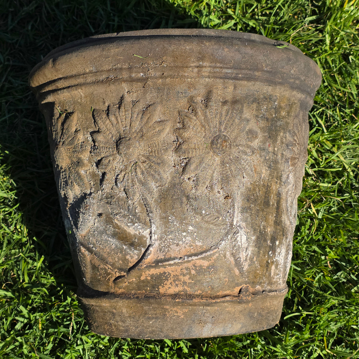 Vtg Mexican Terracotta Planter Large 15" Clay Flower Pot Sunflower Relief Heavy