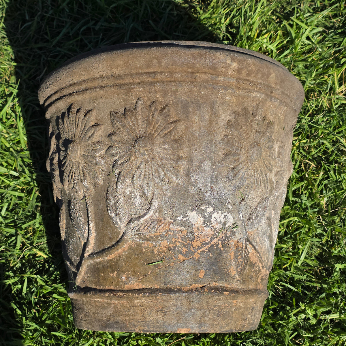 Vtg Mexican Terracotta Planter Large 15" Clay Flower Pot Sunflower Relief Heavy