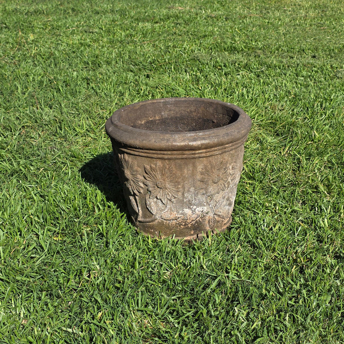 Vtg Mexican Terracotta Planter Large 15" Clay Flower Pot Sunflower Relief Heavy