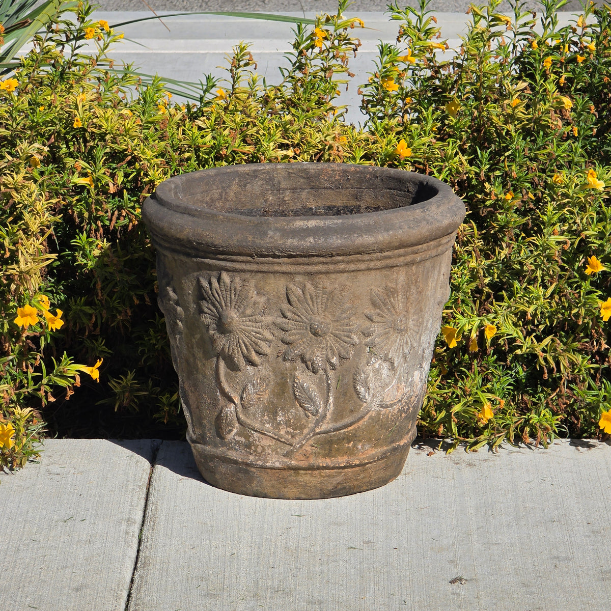 Vtg Mexican Terracotta Planter Large 15" Clay Flower Pot Sunflower Relief Heavy