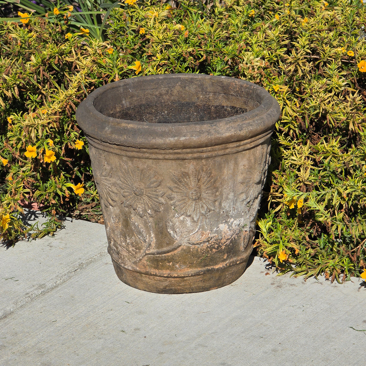 Vtg Mexican Terracotta Planter Large 15" Clay Flower Pot Sunflower Relief Heavy