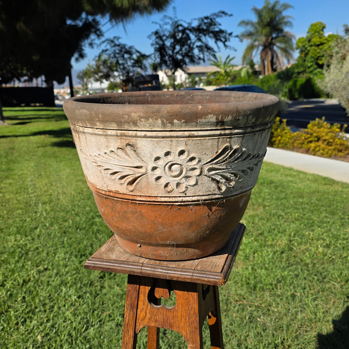 Vtg Mexican Terracotta Planter 16" Large Clay Flower Pot Relief Patina Folk Art