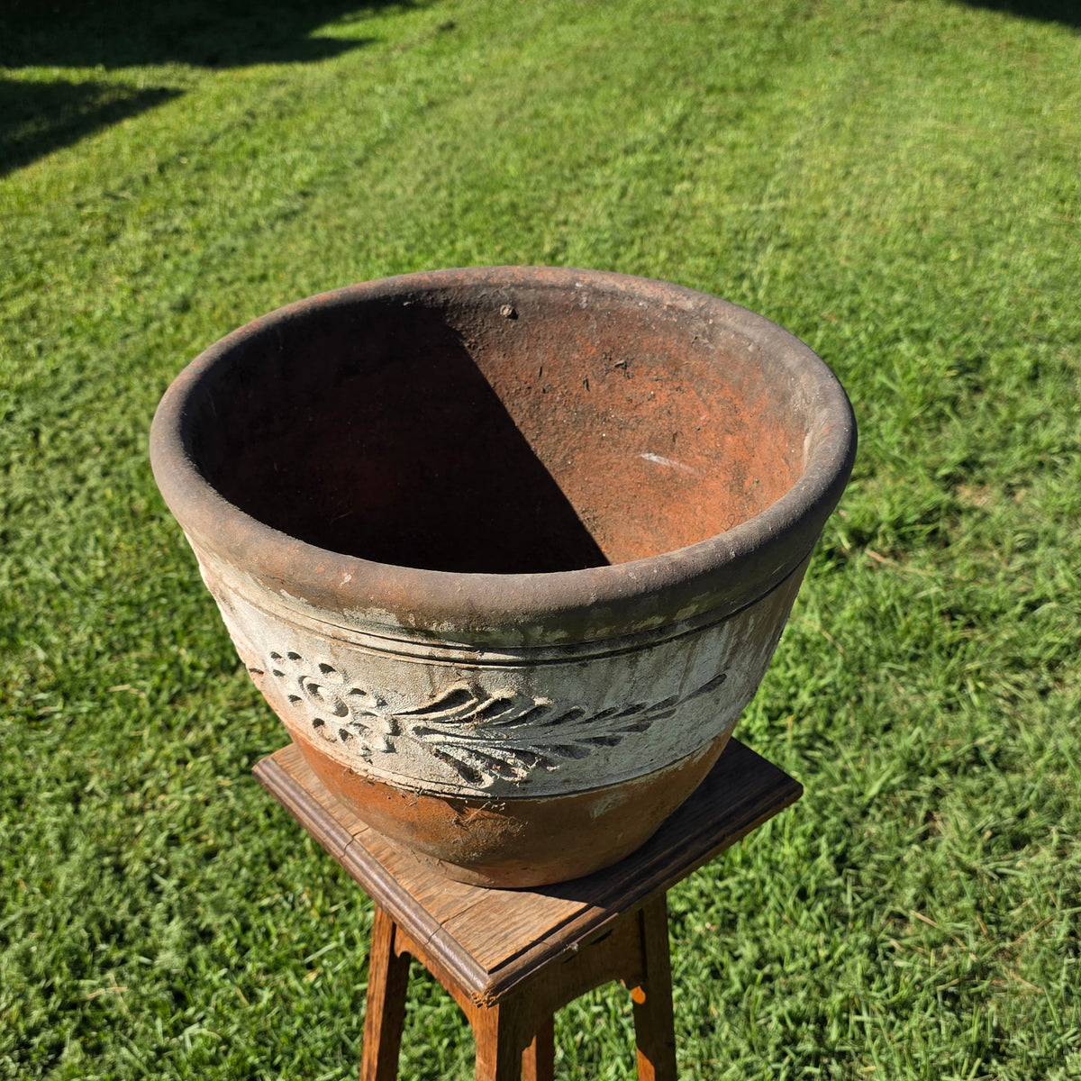 Vtg Mexican Terracotta Planter 16" Large Clay Flower Pot Relief Patina Folk Art