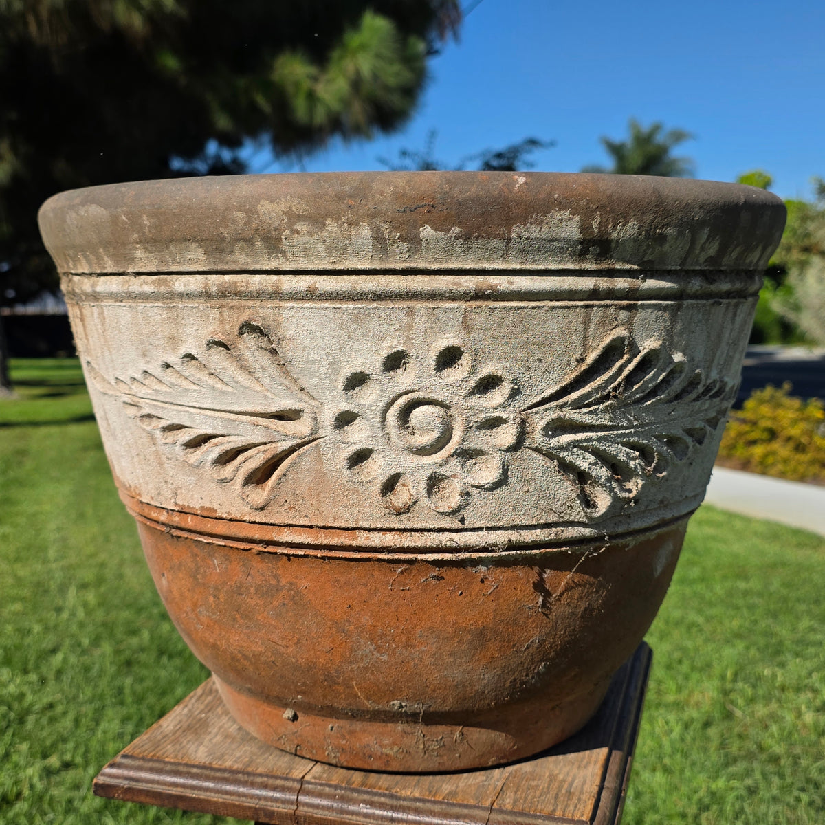 Vtg Mexican Terracotta Planter 16" Large Clay Flower Pot Relief Patina Folk Art