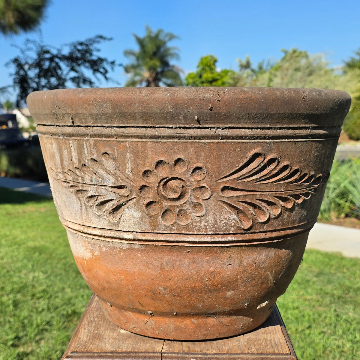 Vtg Mexican Terracotta Planter 16" Large Clay Flower Pot Relief Patina Folk Art