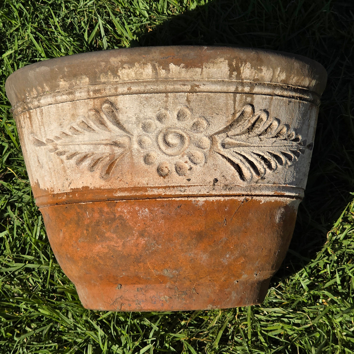 Vtg Mexican Terracotta Planter 16" Large Clay Flower Pot Relief Patina Folk Art