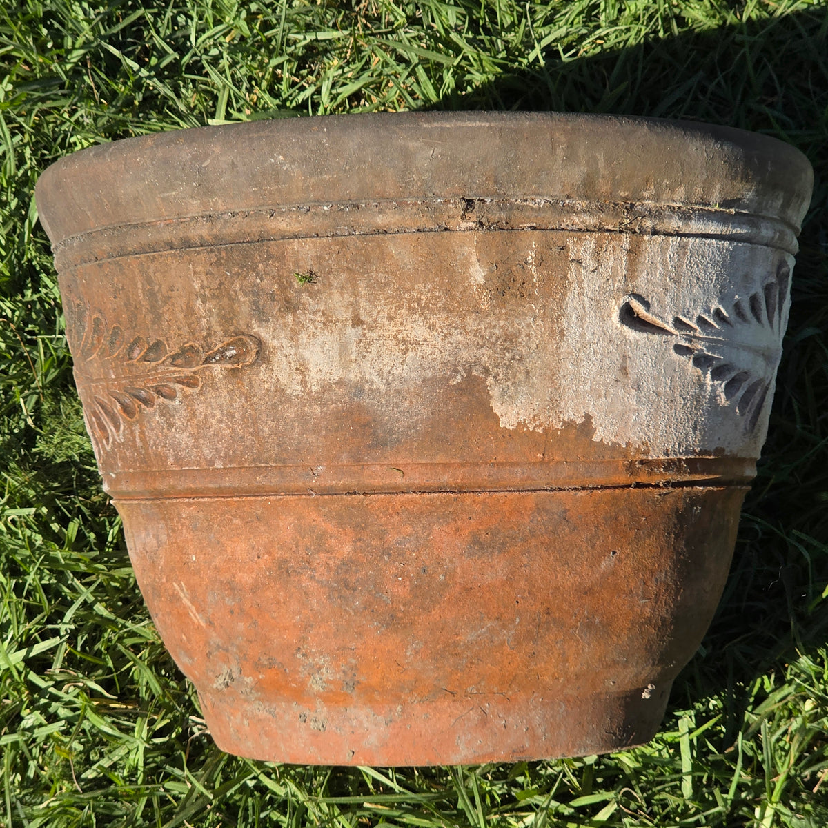Vtg Mexican Terracotta Planter 16" Large Clay Flower Pot Relief Patina Folk Art