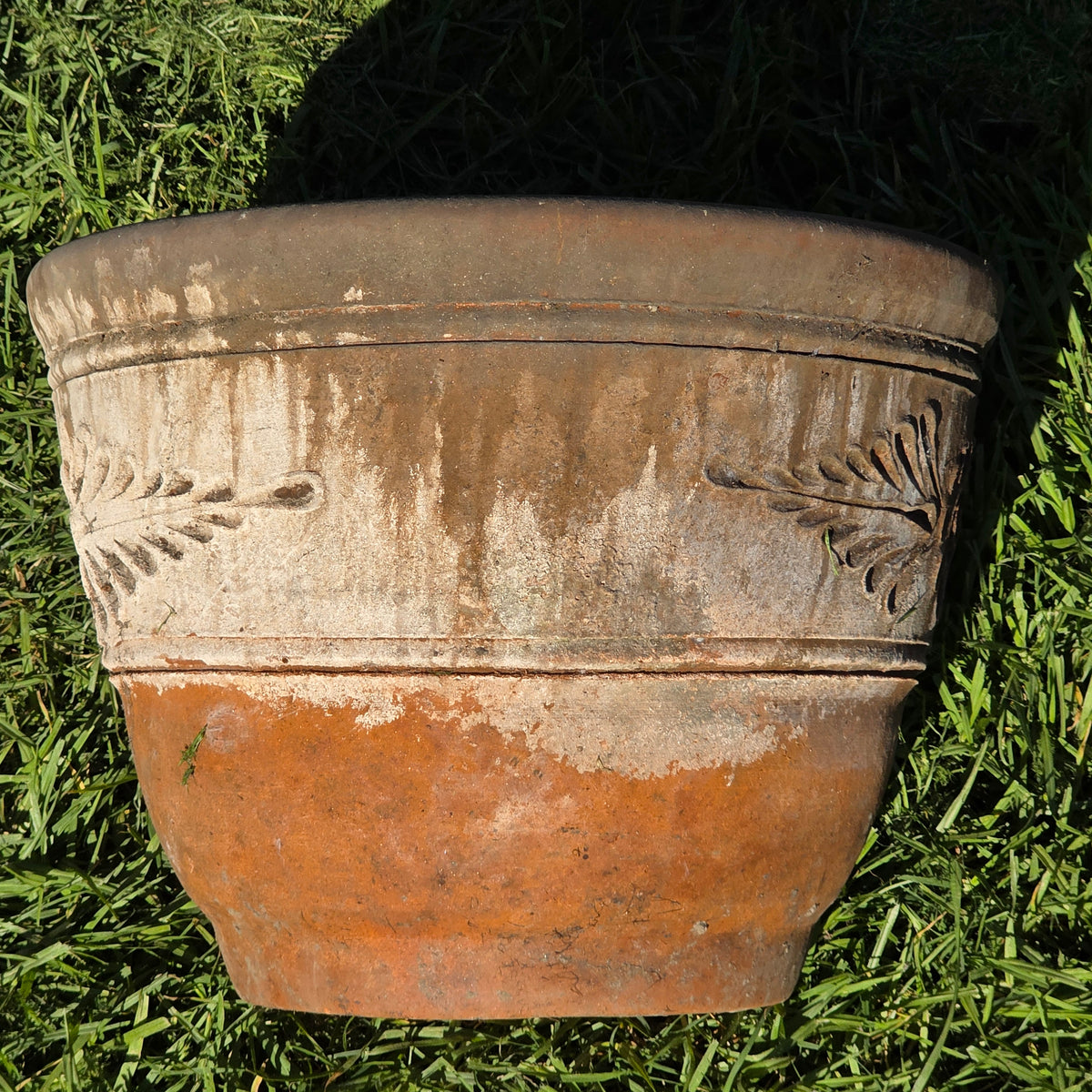 Vtg Mexican Terracotta Planter 16" Large Clay Flower Pot Relief Patina Folk Art