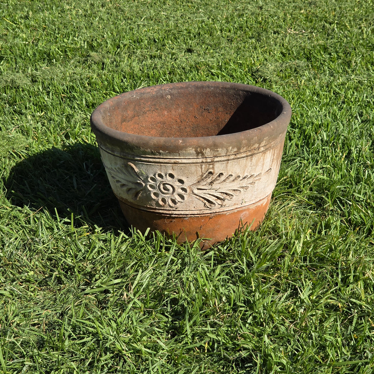 Vtg Mexican Terracotta Planter 16" Large Clay Flower Pot Relief Patina Folk Art