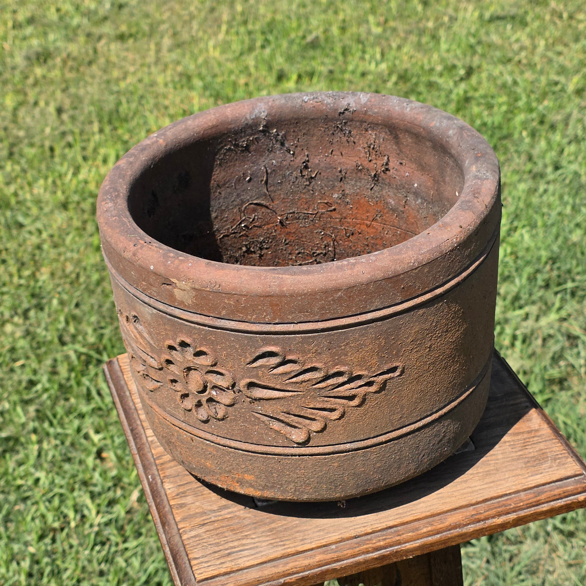 Vintage Terracotta Planter 10" Floral Relief Aged Clay Flower Pot Heavy Duty