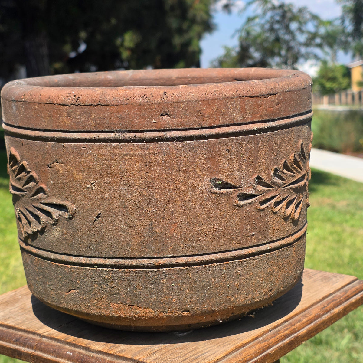 Vintage Terracotta Planter 10" Floral Relief Aged Clay Flower Pot Heavy Duty