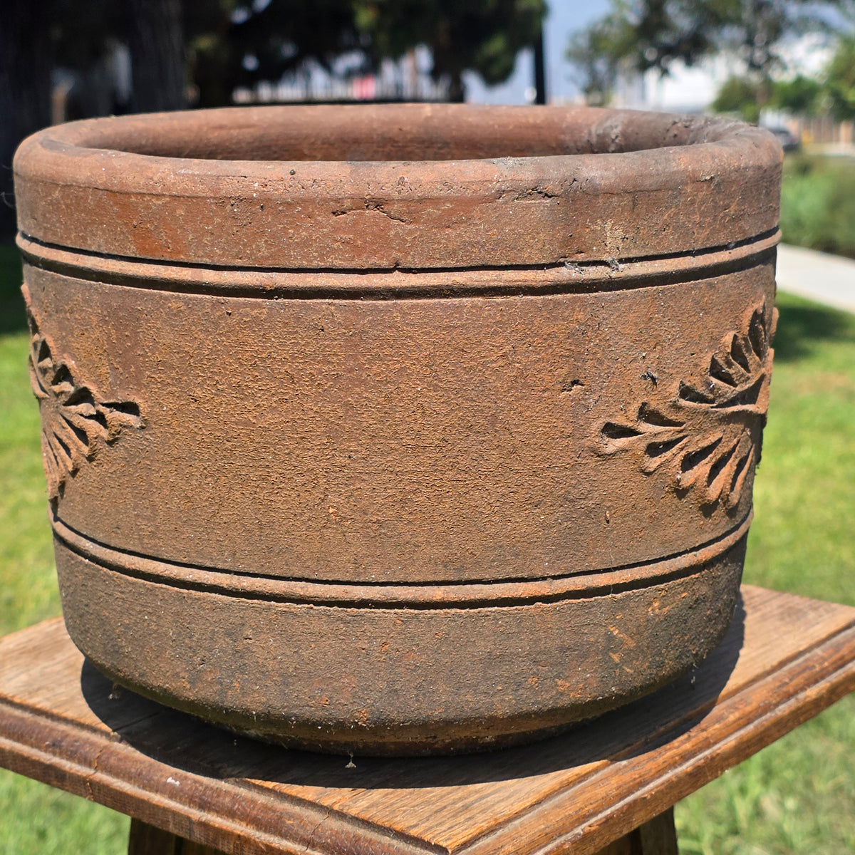 Vintage Terracotta Planter 10" Floral Relief Aged Clay Flower Pot Heavy Duty